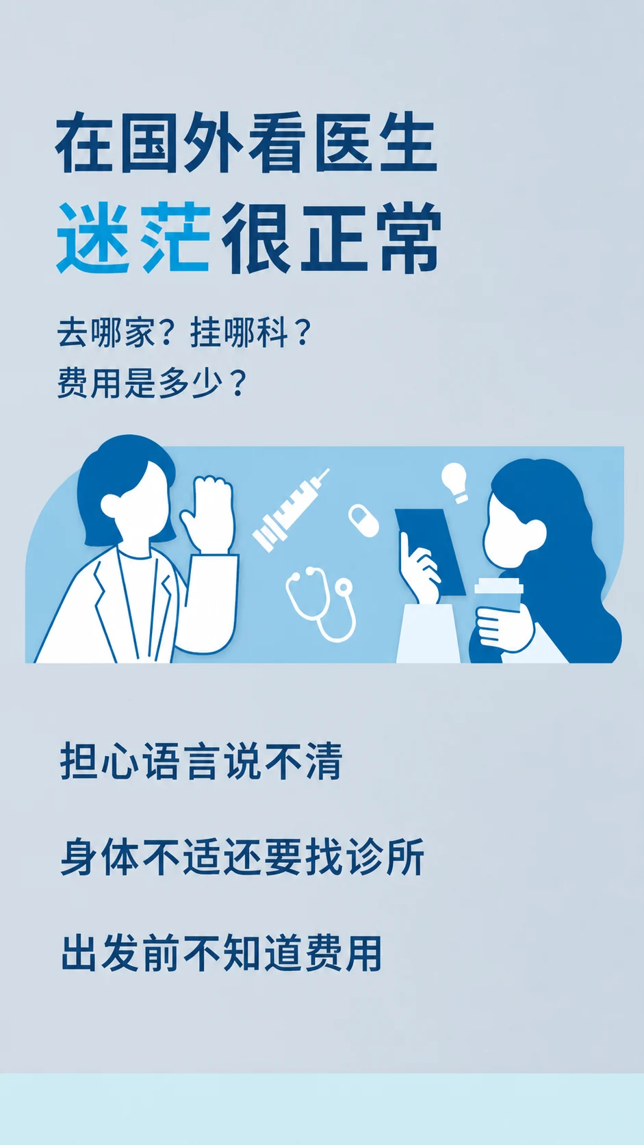 在国外看医生 迷茫很正常 | 去哪家？挂哪科？ 费用是多少？ | 担心语言说不清 / 身体不适还要找诊所 / 出发前不知道费用