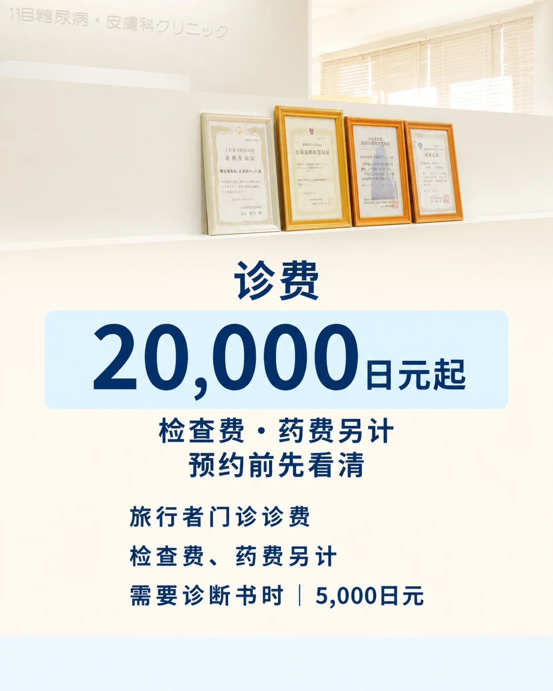 诊费 20,000日元起 | 检查费・药费另计 预约前先看清 | 旅行者门诊诊费 / 检查费、药费另计 / 需要诊断书时｜5,000日元